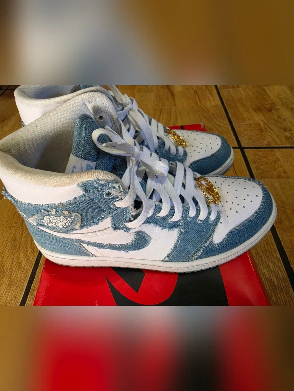 Jordan Retro High Top Sneakers White and Light Blue Denim Size 9 Women's